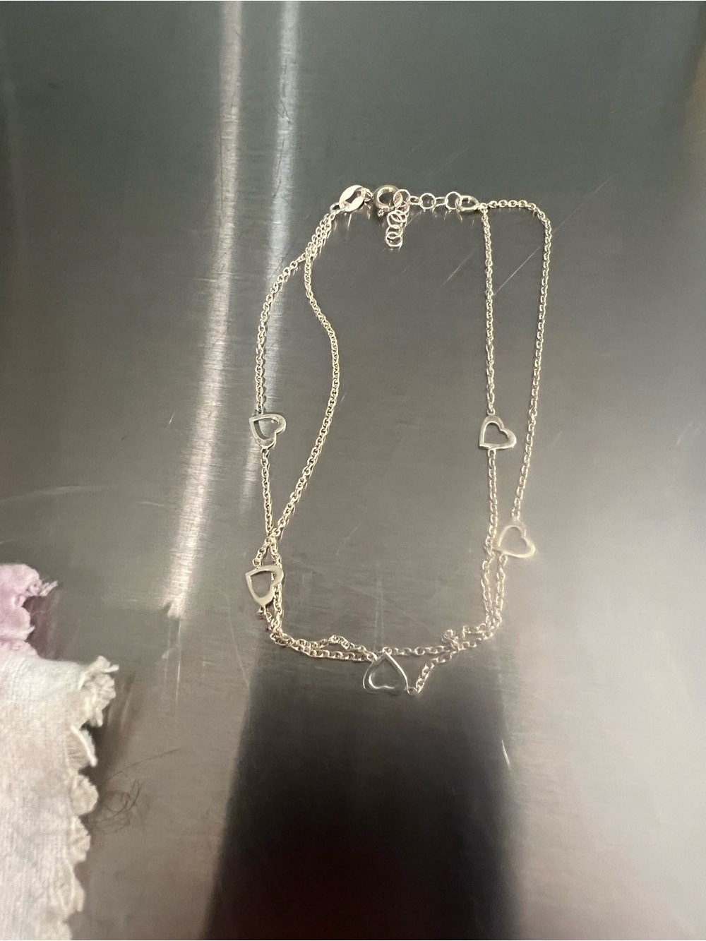 Sterling Silver Heart Link 2 Strand Layered Anklet with Hearts